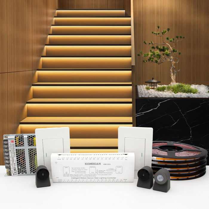 KOMIGAN KMG-3233 Intelligent Motion-Activated LED Stair Lighting Kit, Cuttable 3000K Warm White LED Strip Light for Indoor Staircase