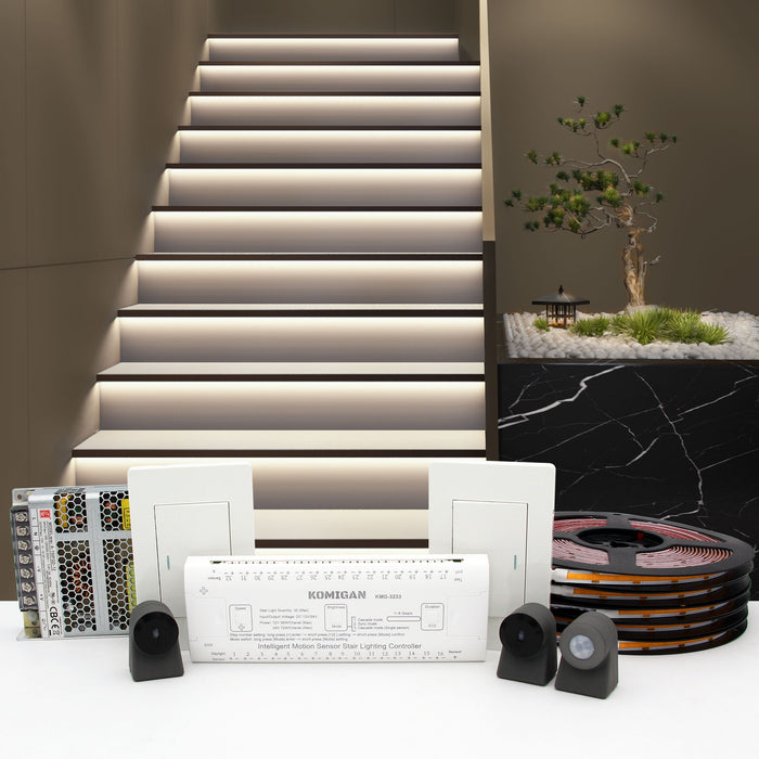 KOMIGAN KMG-3233 Intelligent Motion-Activated LED Stair Lighting Kit, Cuttable 6000K Cool White LED Strip Light for Indoor Staircase