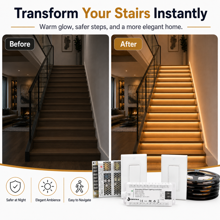 RW-24T LED Stair Lights Kit, 3-Way Switch Control Indoor Stair Lighting System, 0–100% Dimmable 3000K LED Strip Lights, Cuttable Plug-and-Play Staircase Lights