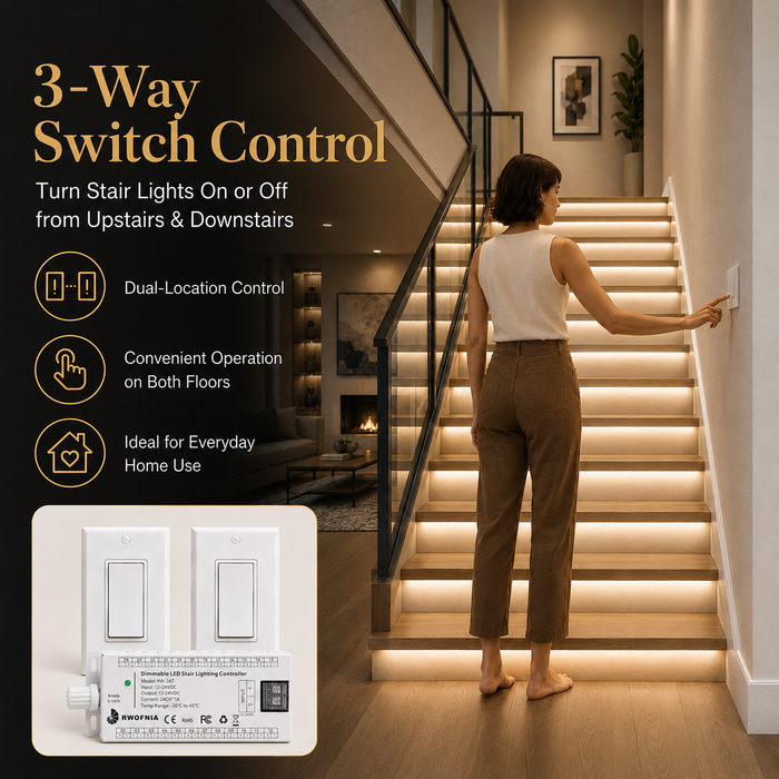RW-24T LED Stair Lights Kit, 3-Way Switch Control Indoor Stair Lighting System, 0–100% Dimmable 3000K LED Strip Lights, Cuttable Plug-and-Play Staircase Lights