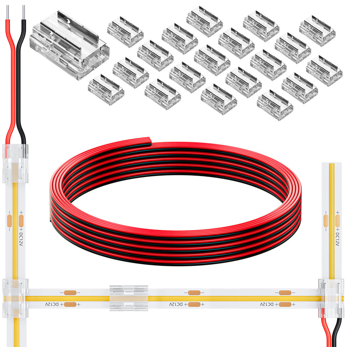 60 Pack 8-in-1 LED Strip Connectors, With 19.7FT(6m) Long 20AWG Extension Wires, Connection for 0.31in(8mm) 2 pin COB/SMD(2835/3528) Straight, Corner, Strip to Strip, Strip to Wire