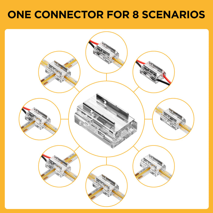 60 Pack 8-in-1 LED Strip Connectors with 19.7FT (6m) 20AWG Wires, for 8mm 2-Pin COB/SMD 2835/3528 LED Strips – Straight, Corner, Strip-to-Strip & Strip-to-Wire