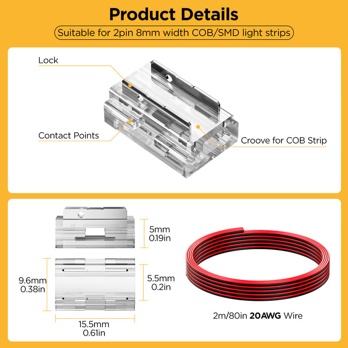 60 Pack 8-in-1 LED Strip Connectors with 19.7FT (6m) 20AWG Wires, for 8mm 2-Pin COB/SMD 2835/3528 LED Strips – Straight, Corner, Strip-to-Strip & Strip-to-Wire