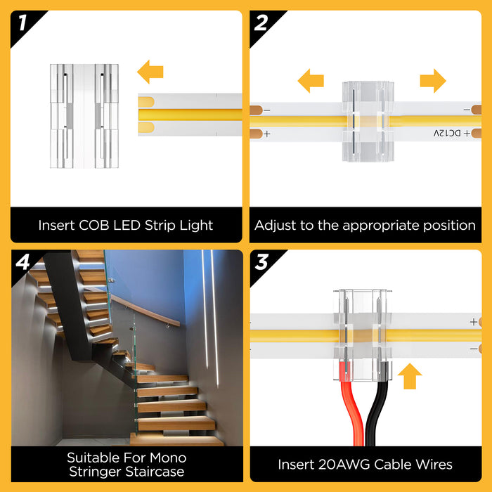 60 Pack 8-in-1 LED Strip Connectors with 19.7FT (6m) 20AWG Wires, for 8mm 2-Pin COB/SMD 2835/3528 LED Strips – Straight, Corner, Strip-to-Strip & Strip-to-Wire