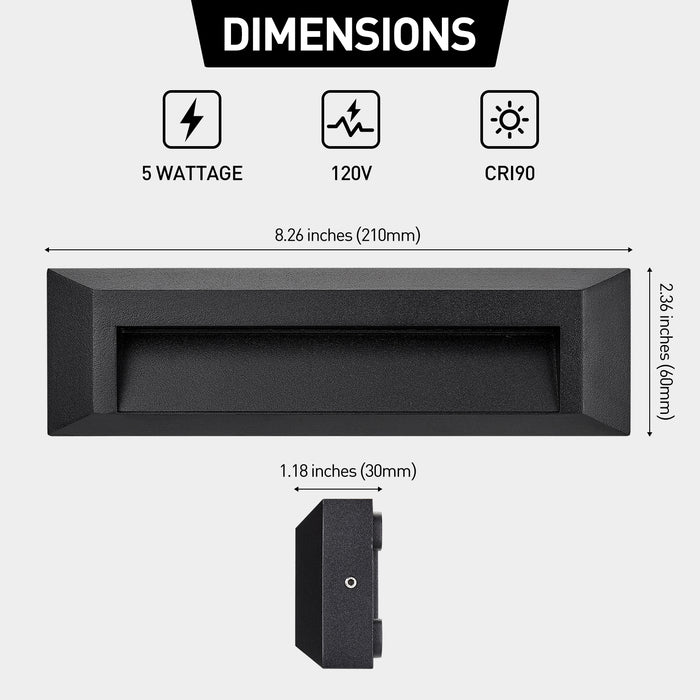 Black Metal 8.3 Inches Step Lights 120V 2W LED, 3000K Outdoor Waterproof Surface Mount Lights for Stairs, corridors, hallways