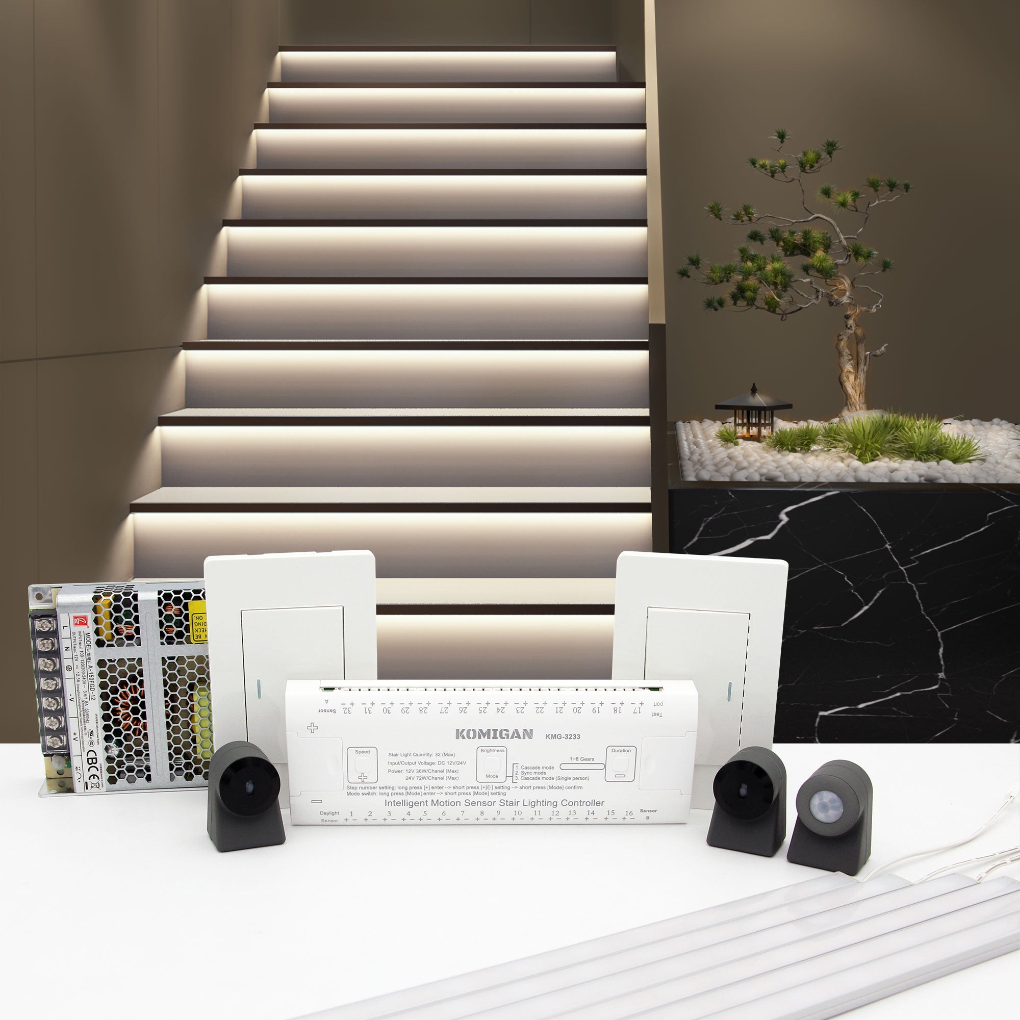 KMG-3233 Motion Sensor LED Stair Light Kit - 16 Step Cascading Effect, Cool White 6000K