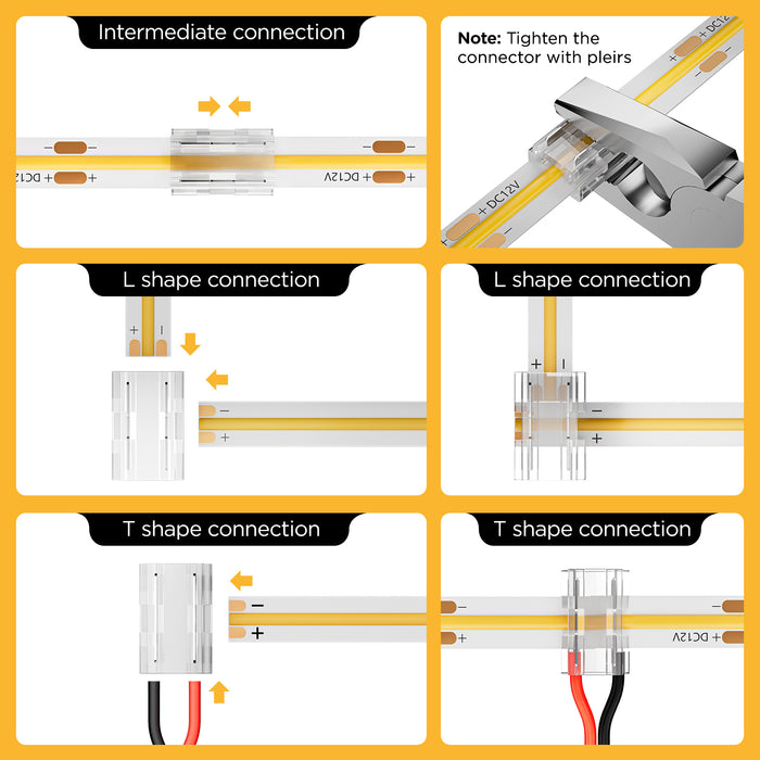 60 Pack 8-in-1 LED Strip Connectors with 19.7FT (6m) 20AWG Wires, for 8mm 2-Pin COB/SMD 2835/3528 LED Strips – Straight, Corner, Strip-to-Strip & Strip-to-Wire