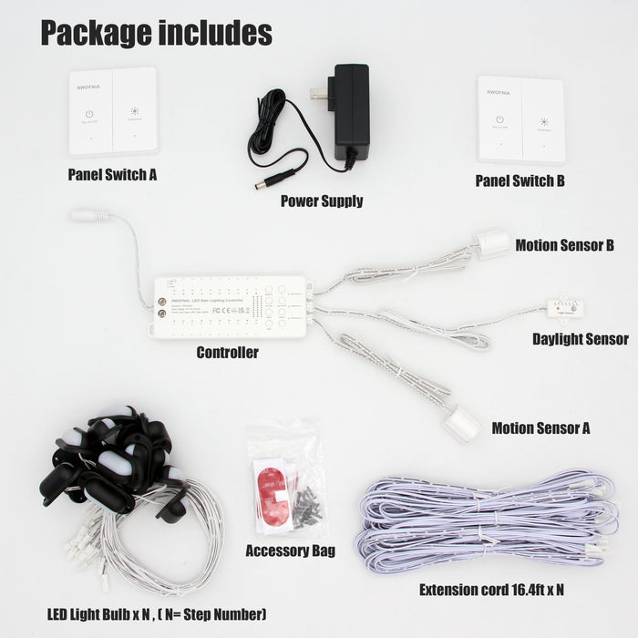 Motion-Activated LED Stair Lighting Kit RW-5620-B, Warm White 2700K Mini LED Light Bulbs Suilt for Indoor Carpeted Or Wooden Staircase