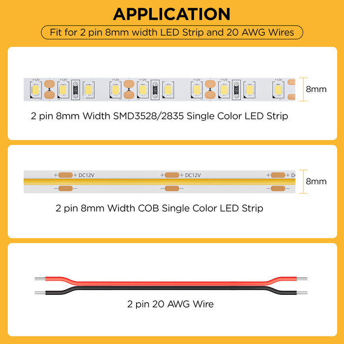 60 Pack 8-in-1 LED Strip Connectors with 19.7FT (6m) 20AWG Wires, for 8mm 2-Pin COB/SMD 2835/3528 LED Strips – Straight, Corner, Strip-to-Strip & Strip-to-Wire