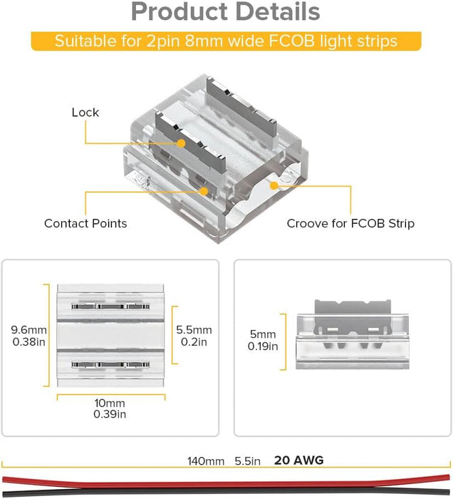 KOMIGAN FCOB COB 8mm 0.31in 2 pin Connector Kit 14pcs Transparent Connector 5pcs 15cm Long 20AWG Extension Wires for Non-Wired Gapless Solderless