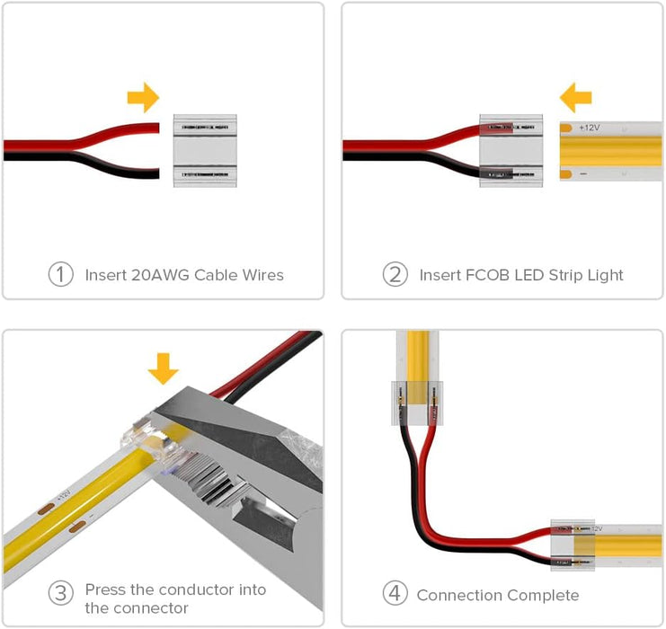 KOMIGAN FCOB COB 8mm 0.31in 2 pin Connector Kit 14pcs Transparent Connector 5pcs 15cm Long 20AWG Extension Wires for Non-Wired Gapless Solderless