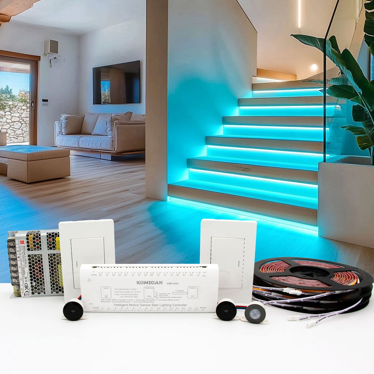 KOMIGAN Motion Sensor With Wall Switch Panel LED Stair Lighting Kit  KMG-3233, 40 Inches Long Aqua Cuttable Strip Light for Indoor Staircase, image size:1200x1200