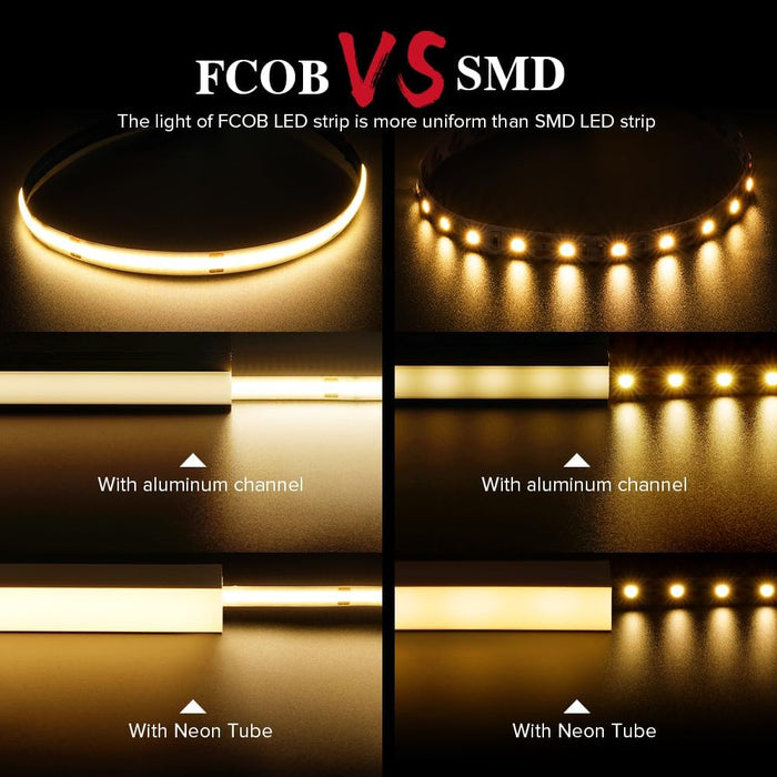 KOMIGAN FCOB LED Strip Flexible High Density Uniform Light 5W/m 16.4FT DC12V CRI 90+ 8mm Width Dimmable LED Ribbon