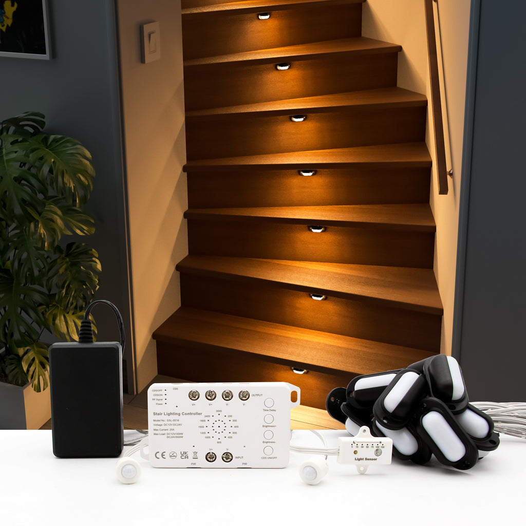 Motion-Triggered LED Stair Lighting Kit SSL-0516-B, Dimmable Delay Lights  Off Day/Night Function Suilt for Indoor Stair Lights Warm White 3000K, image size:1024x1024