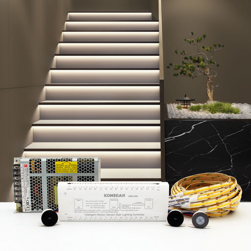KOMIGAN Motion Sensor LED Stair Lighting Kit KMG-3233, 40 Inches Long Cool White 6000K Cuttable LED Strip Light for Indoor Staircase - KOMIGAN