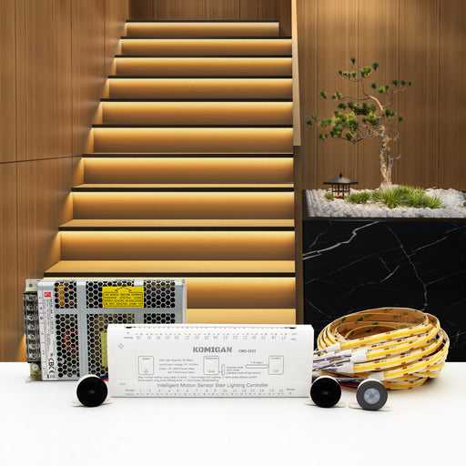 KOMIGAN Motion Sensor LED Stair Lighting Kit KMG-3233, 60 Inches Long Warm White 3000K Cuttable Flexible LED Strip Light for Indoor Staircase - KOMIGAN