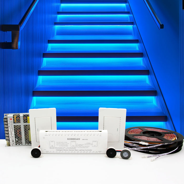KOMIGAN KMG-3233 Intelligent Motion-Activated LED Stair Lighting Kit, Cuttable Ice Blue Color LED Strip Light for Indoor Staircase