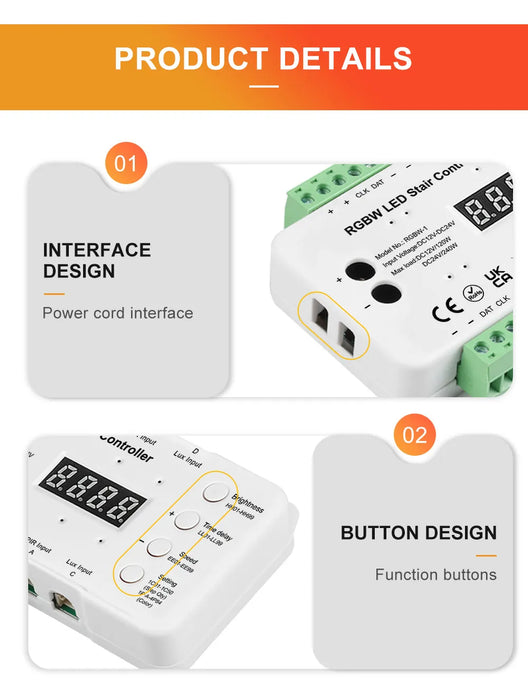 RGBW LED Stair Lighting Controller with daylight sensor Kits, RGBW Cuttable Flexible LED Strip Light for Indoor Staircase