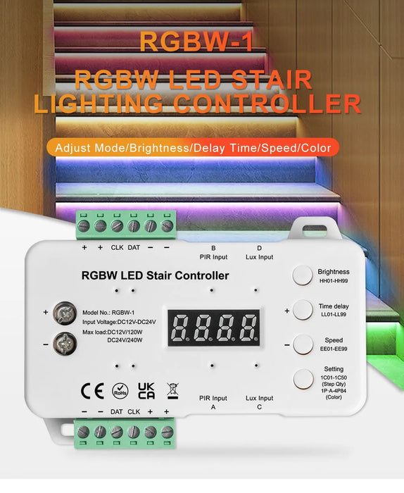 RGBW LED Stair Lighting Controller with daylight sensor Kits, RGBW Cuttable Flexible LED Strip Light for Indoor Staircase