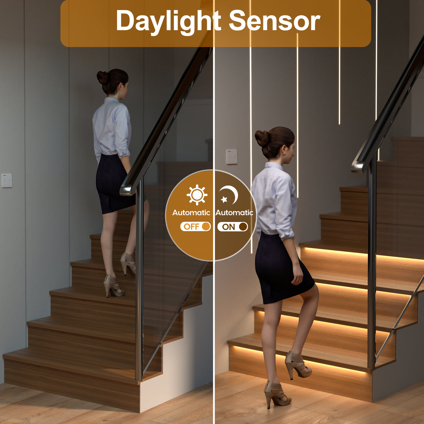 Motion Activated LED Stair Lighting Kit - 40" Cuttable Strip, Warm White 3000K, For 12 Steps, With Switches