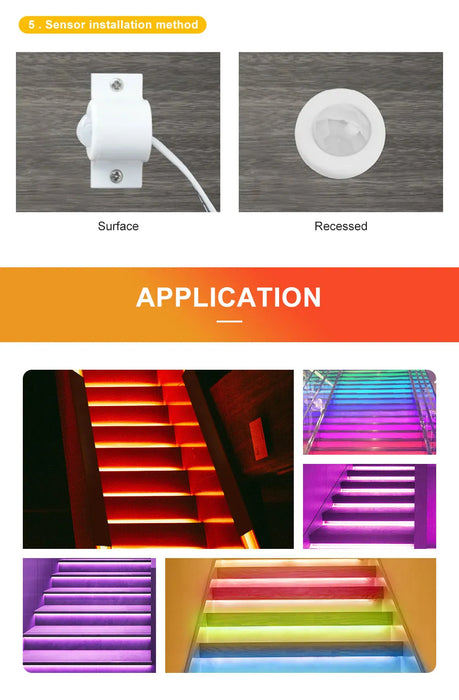 RGBW LED Stair Lighting Controller with daylight sensor Kits, RGBW Cuttable Flexible LED Strip Light for Indoor Staircase