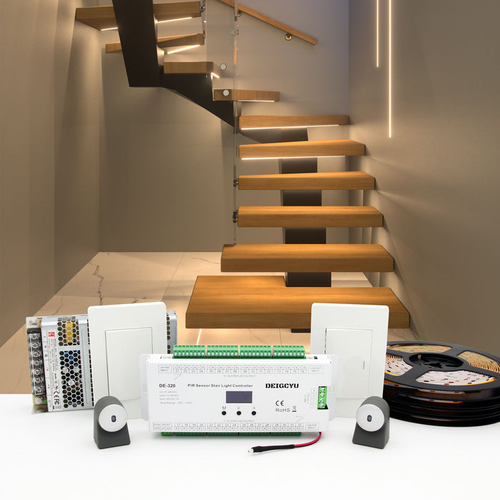 Motion-Activated LED Stair Lighting Kit DE-320, 3000K Cuttable Strip Light for Indoor Floating Mono Stringer & Cantilever Stairs