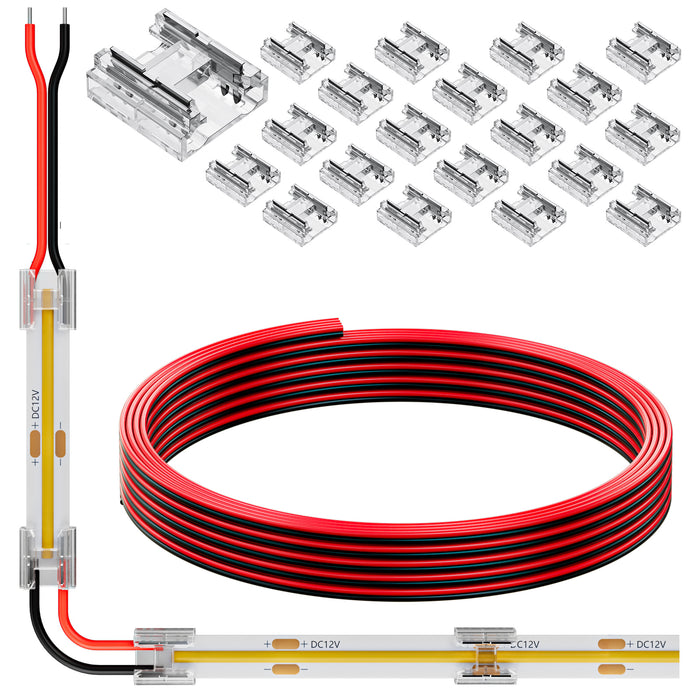 KOMIGAN COB 0.31in(8mm) 2 pin Connector Kit 20pcs Transparent Connector 1pcs 6.6FT(200cm) Long 20AWG Extension Wires for Non-Wired Gapless Solderless