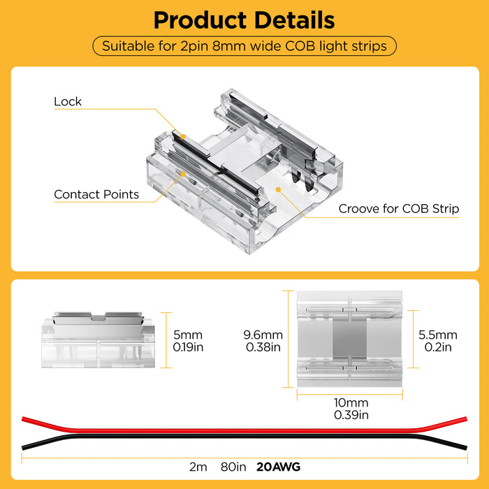 KOMIGAN COB 0.31in(8mm) 2 pin Connector Kit 20pcs Transparent Connector 1pcs 6.6FT(200cm) Long 20AWG Extension Wires for Non-Wired Gapless Solderless