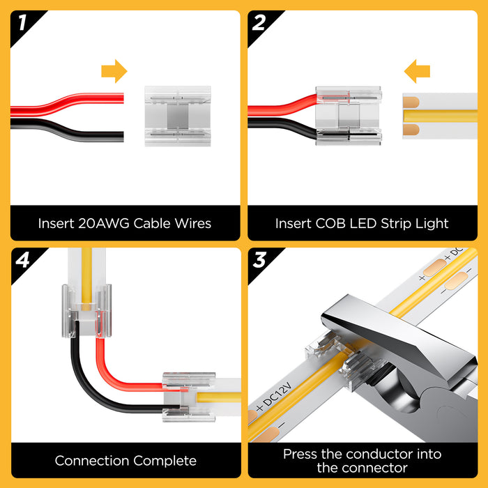 KOMIGAN COB 0.31in(8mm) 2 pin Connector Kit 20pcs Transparent Connector 1pcs 6.6FT(200cm) Long 20AWG Extension Wires for Non-Wired Gapless Solderless